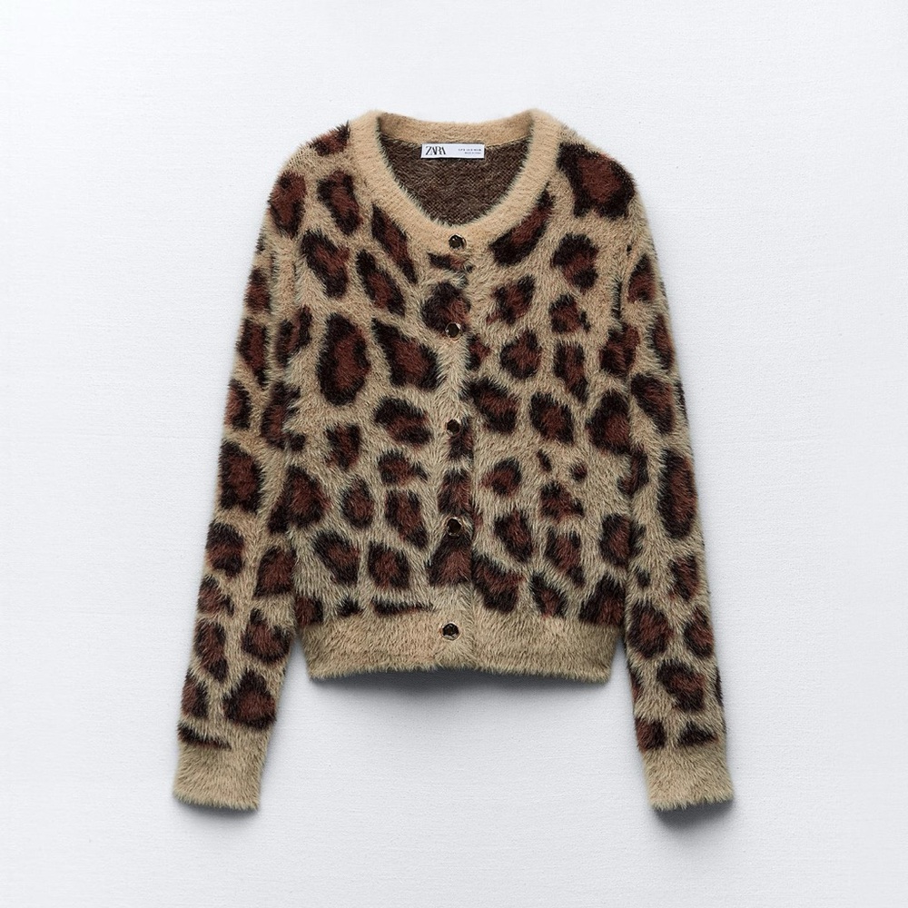 Zara Brushed Faux Fur Leopard Jacquard Knit Cardigan Sweater